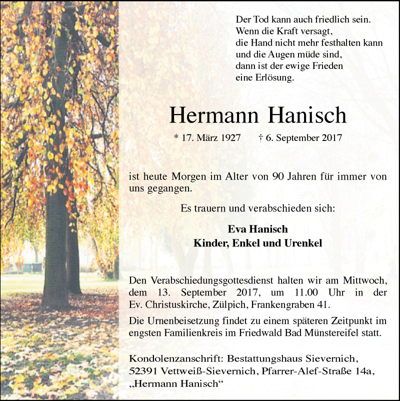  Traueranzeige für Hermann Hanisch vom 09.09.2017 aus  Blickpunkt Euskirchen 