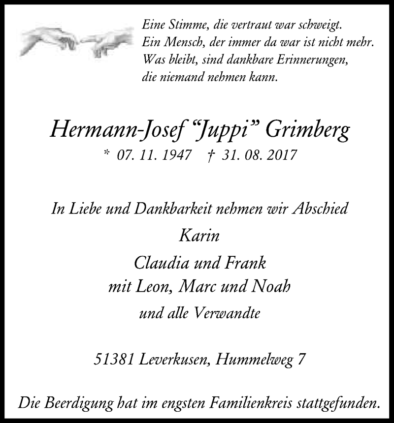  Traueranzeige für Hermann-Josef Grimberg vom 23.09.2017 aus Kölner Stadt-Anzeiger / Kölnische Rundschau / Express