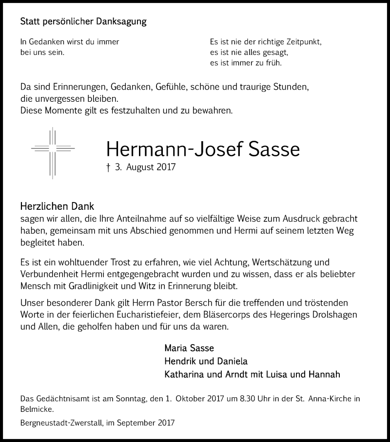  Traueranzeige für Hermann-Josef Sasse vom 23.09.2017 aus Kölner Stadt-Anzeiger / Kölnische Rundschau / Express