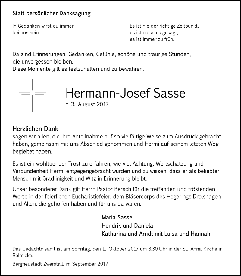  Traueranzeige für Hermann-Josef Sasse vom 27.09.2017 aus  Anzeigen Echo 