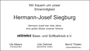 Anzeige von Hermann-Josef Siegburg von  Schlossbote/Werbekurier 