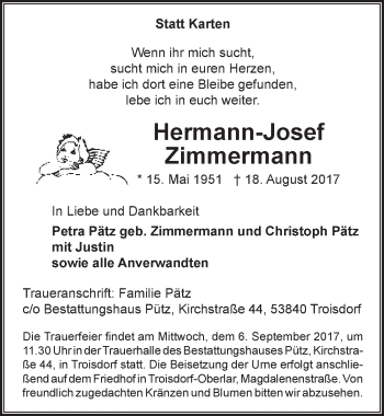 Anzeige von Hermann-Josef Zimmermann von  Rhein-Sieg-Wochenende 