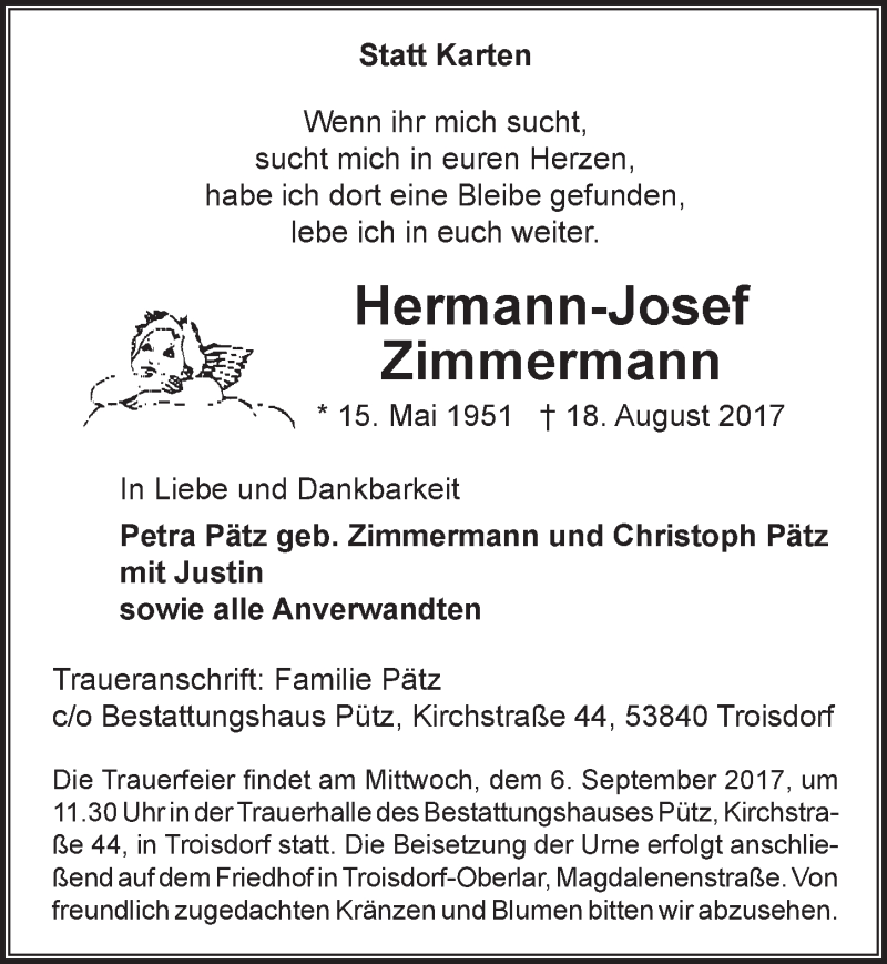 Traueranzeige für Hermann-Josef Zimmermann vom 02.09.2017 aus  Rhein-Sieg-Wochenende 