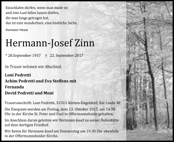 Anzeige von Hermann-Josef Zinn von Kölner Stadt-Anzeiger / Kölnische Rundschau / Express