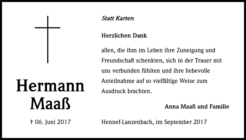  Traueranzeige für Hermann Maaß vom 29.09.2017 aus Kölner Stadt-Anzeiger / Kölnische Rundschau / Express