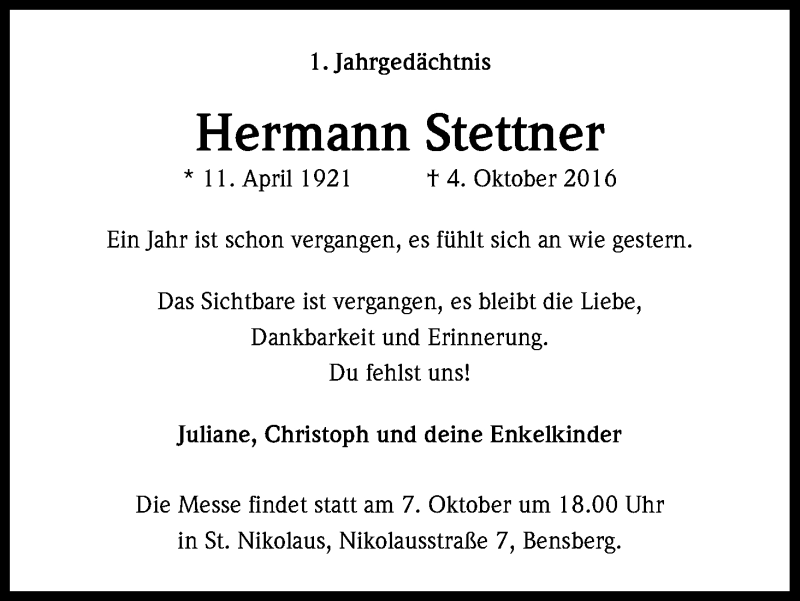  Traueranzeige für Hermann Stettner vom 30.09.2017 aus Kölner Stadt-Anzeiger / Kölnische Rundschau / Express