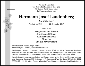 Anzeige von Hermann Josef Laudenberg von Kölner Stadt-Anzeiger / Kölnische Rundschau / Express