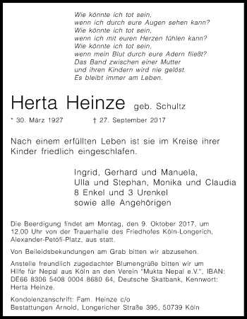 Anzeige von Herta Heinze von Kölner Stadt-Anzeiger / Kölnische Rundschau / Express
