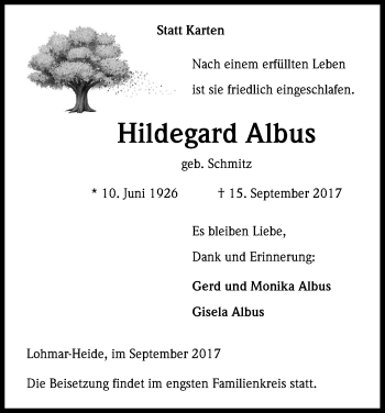 Anzeige von Hildegard Albus von Kölner Stadt-Anzeiger / Kölnische Rundschau / Express