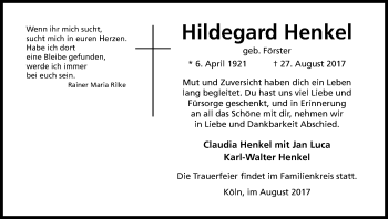 Anzeige von Hildegard Henkel von Kölner Stadt-Anzeiger / Kölnische Rundschau / Express