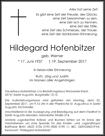 Anzeige von Hildegard Hofenbitzer von Kölner Stadt-Anzeiger / Kölnische Rundschau / Express