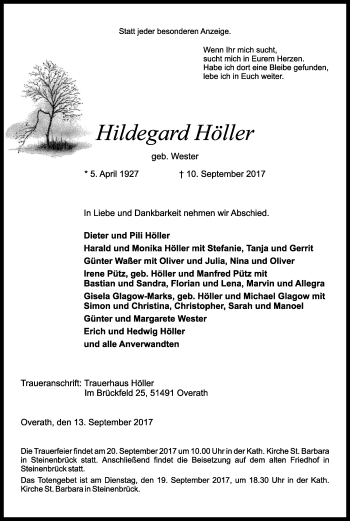 Anzeige von Hildegard Höller von Kölner Stadt-Anzeiger / Kölnische Rundschau / Express