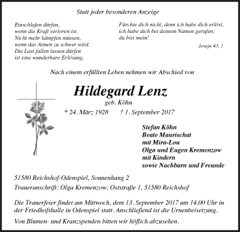 Anzeige von Hildegard Lenz von  Lokalanzeiger 