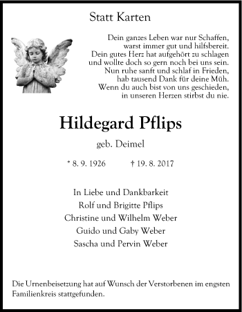 Anzeige von Hildegard Pflips von Kölner Stadt-Anzeiger / Kölnische Rundschau / Express