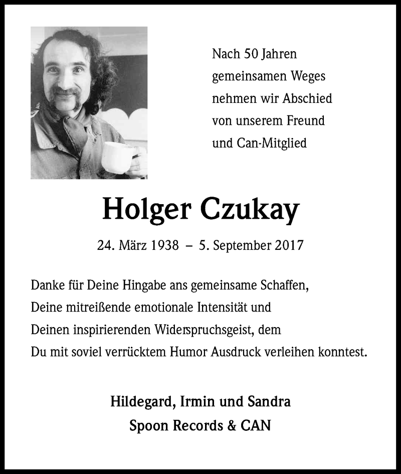  Traueranzeige für Holger Czukay vom 13.09.2017 aus Kölner Stadt-Anzeiger / Kölnische Rundschau / Express