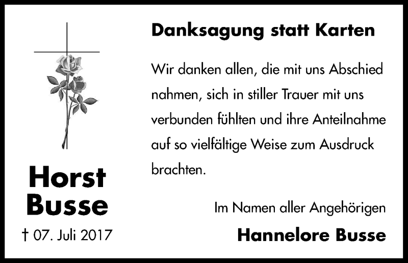  Traueranzeige für Horst Busse vom 09.09.2017 aus Kölner Stadt-Anzeiger / Kölnische Rundschau / Express