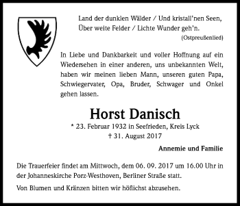 Anzeige von Horst Danisch von Kölner Stadt-Anzeiger / Kölnische Rundschau / Express