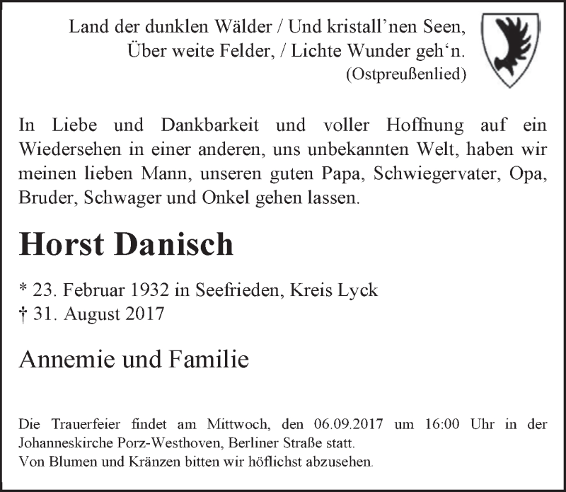  Traueranzeige für Horst Danisch vom 06.09.2017 aus  Kölner Wochenspiegel 