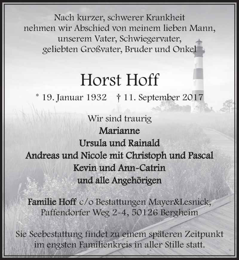  Traueranzeige für Horst Hoff vom 16.09.2017 aus  Sonntags-Post 