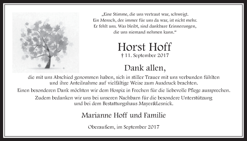  Traueranzeige für Horst Hoff vom 27.09.2017 aus  Werbepost 