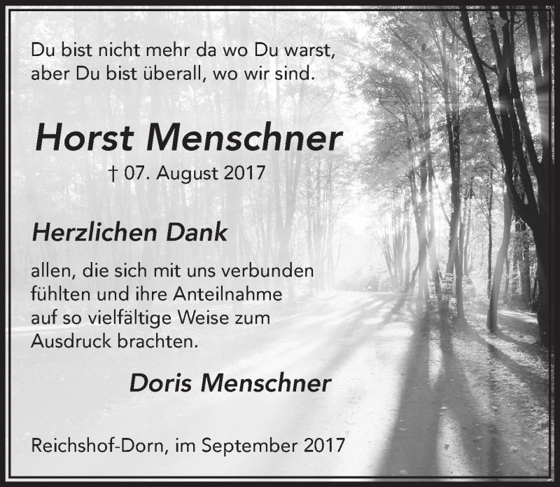  Traueranzeige für Horst Menschner vom 27.09.2017 aus  Anzeigen Echo 