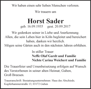 Anzeige von Horst Sader 