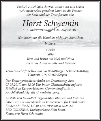 Anzeige von Horst Schwemin von  Sonntags-Post 