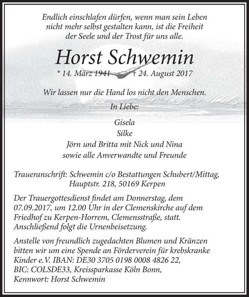  Traueranzeige für Horst Schwemin vom 02.09.2017 aus  Sonntags-Post 