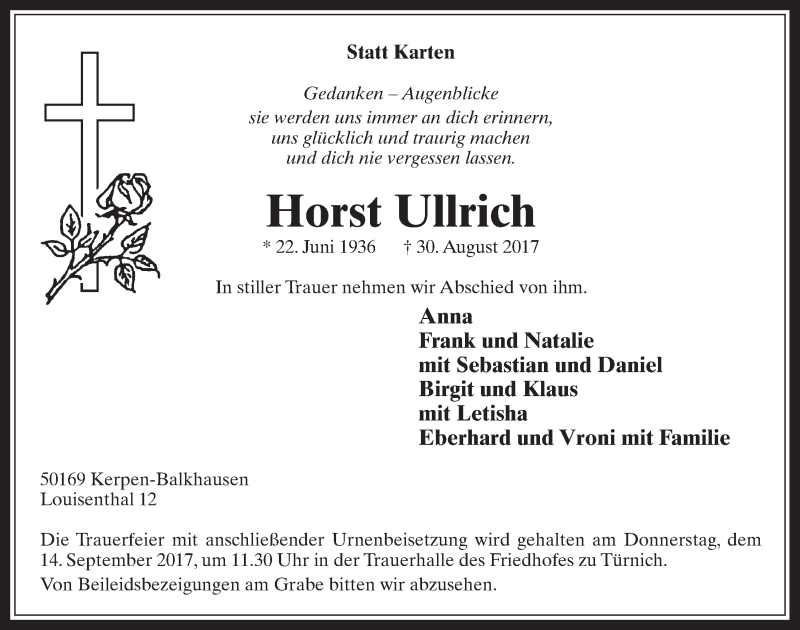  Traueranzeige für Horst Ullrich vom 06.09.2017 aus  Werbepost 