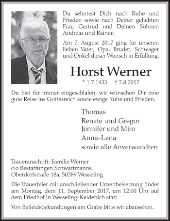 Anzeige von Horst Werner von  Schlossbote/Werbekurier 
