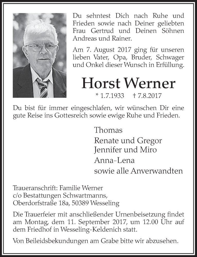  Traueranzeige für Horst Werner vom 06.09.2017 aus  Schlossbote/Werbekurier 