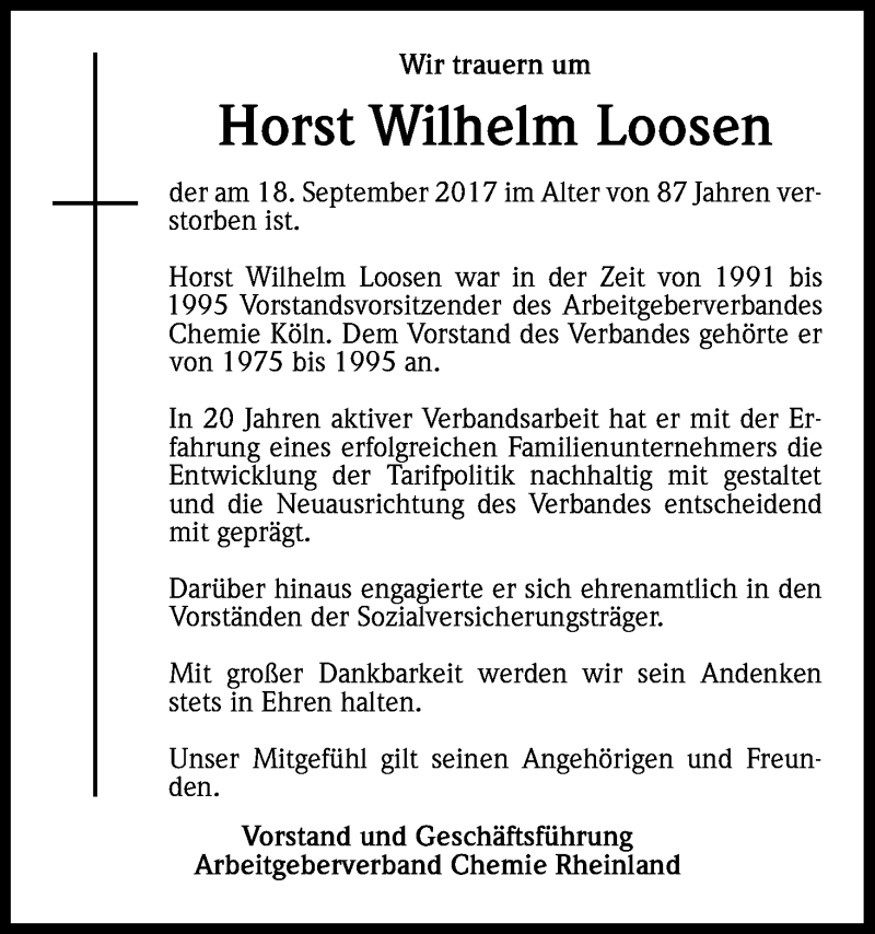  Traueranzeige für Horst Wilhelm Loosen vom 23.09.2017 aus Kölner Stadt-Anzeiger / Kölnische Rundschau / Express