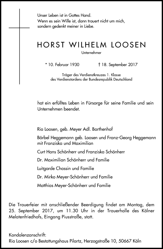  Traueranzeige für Horst Wilhelm Loosen vom 23.09.2017 aus Kölner Stadt-Anzeiger / Kölnische Rundschau / Express