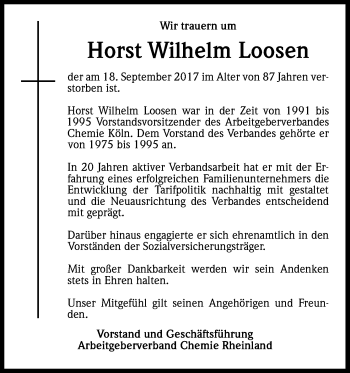 Anzeige von Horst Wilhelm Loosen von Kölner Stadt-Anzeiger / Kölnische Rundschau / Express