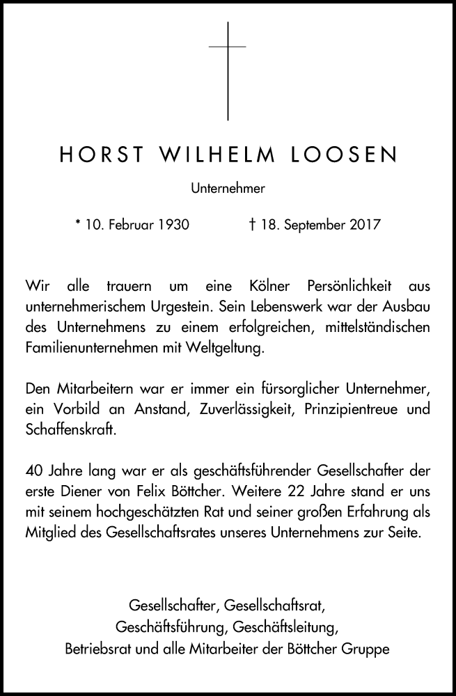  Traueranzeige für Horst Wilhelm Loosen vom 23.09.2017 aus Kölner Stadt-Anzeiger / Kölnische Rundschau / Express