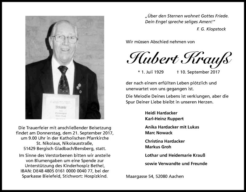  Traueranzeige für Hubert Krauß vom 16.09.2017 aus Kölner Stadt-Anzeiger / Kölnische Rundschau / Express