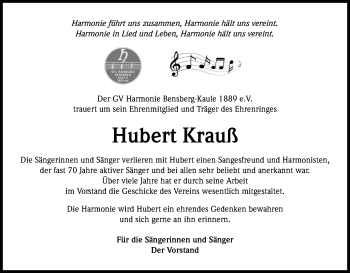 Anzeige von Hubert Krauß von Kölner Stadt-Anzeiger / Kölnische Rundschau / Express