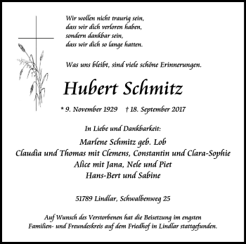 Anzeige von Hubert Schmitz von Kölner Stadt-Anzeiger / Kölnische Rundschau / Express