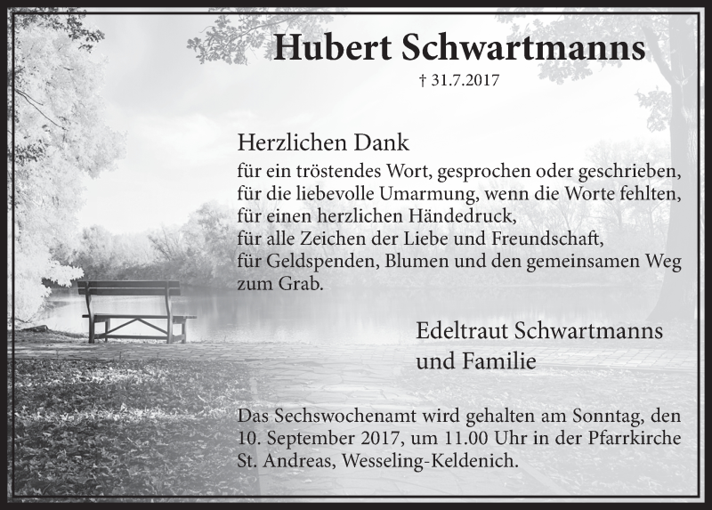  Traueranzeige für Hubert Schwartmanns vom 06.09.2017 aus  Schlossbote/Werbekurier 