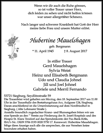 Anzeige von Hubertine Mauelshagen von Kölner Stadt-Anzeiger / Kölnische Rundschau / Express