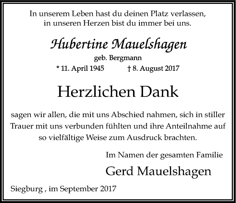  Traueranzeige für Hubertine Mauelshagen vom 27.09.2017 aus Kölner Stadt-Anzeiger / Kölnische Rundschau / Express