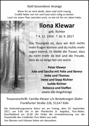 Anzeige von Ilona Klewar von  Kölner Wochenspiegel 