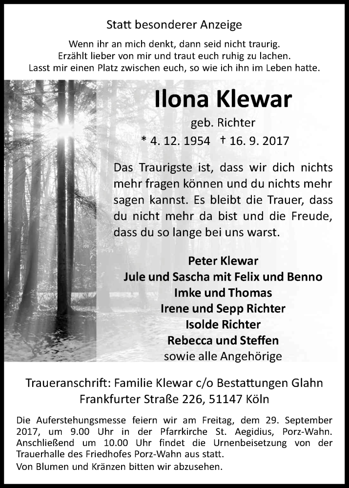  Traueranzeige für Ilona Klewar vom 23.09.2017 aus Kölner Stadt-Anzeiger / Kölnische Rundschau / Express
