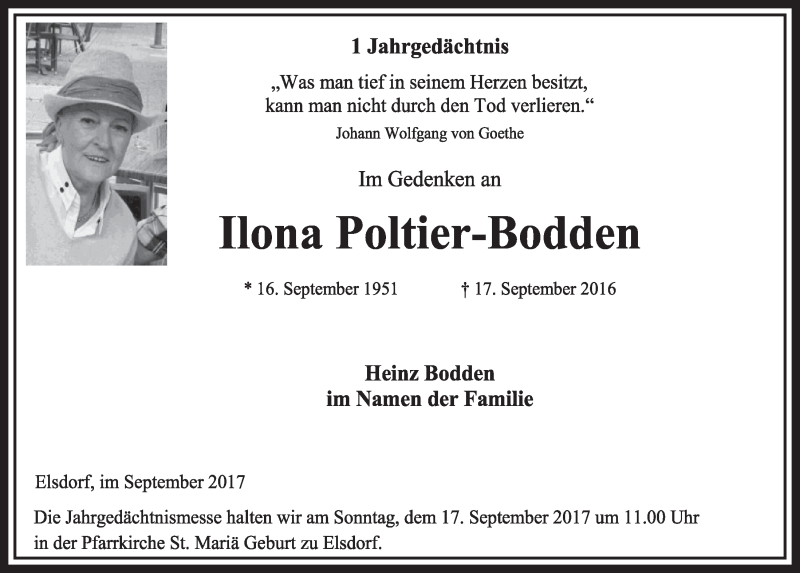  Traueranzeige für Ilona Poltier-Bodden vom 16.09.2017 aus  Sonntags-Post 
