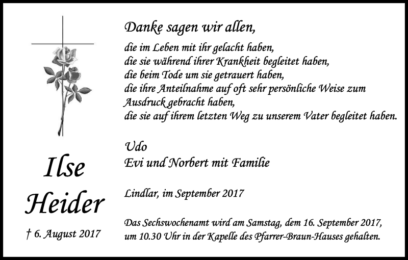  Traueranzeige für Ilse Heider vom 09.09.2017 aus Kölner Stadt-Anzeiger / Kölnische Rundschau / Express