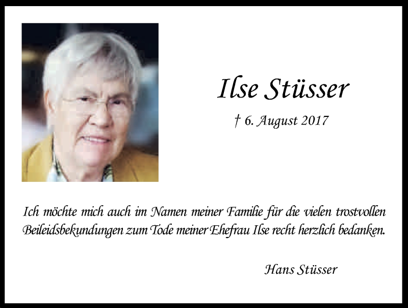  Traueranzeige für Ilse Stüsser vom 09.09.2017 aus Kölner Stadt-Anzeiger / Kölnische Rundschau / Express