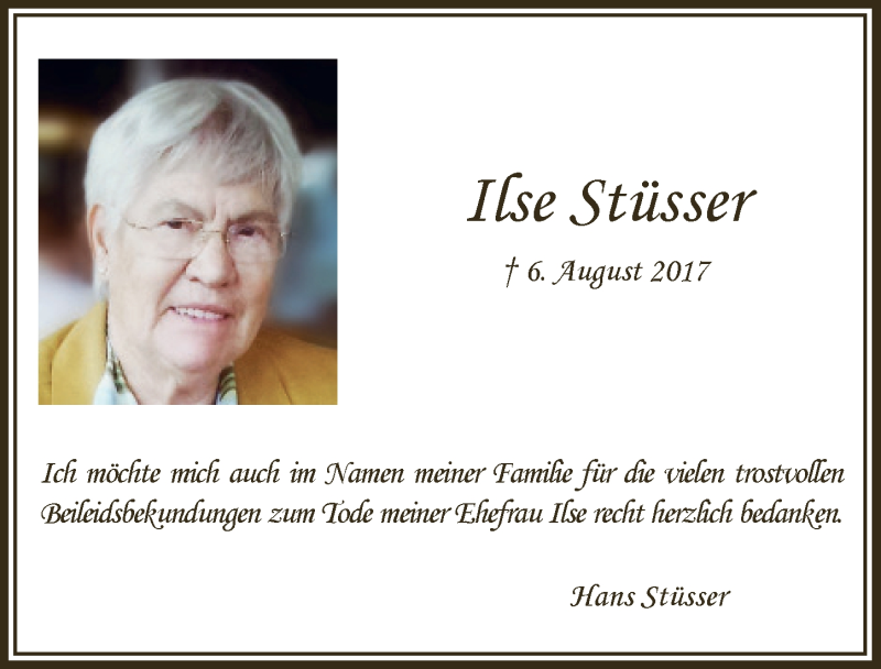  Traueranzeige für Ilse Stüsser vom 09.09.2017 aus  Bergisches Sonntagsblatt 