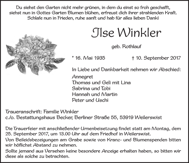  Traueranzeige für Ilse Winkler vom 16.09.2017 aus  Blickpunkt Euskirchen 