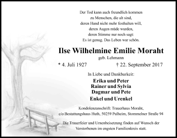 Anzeige von Ilse Wilhelmine Emilie Moraht von Kölner Stadt-Anzeiger / Kölnische Rundschau / Express