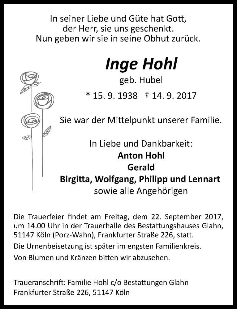  Traueranzeige für Inge Hohl vom 20.09.2017 aus  Kölner Wochenspiegel 